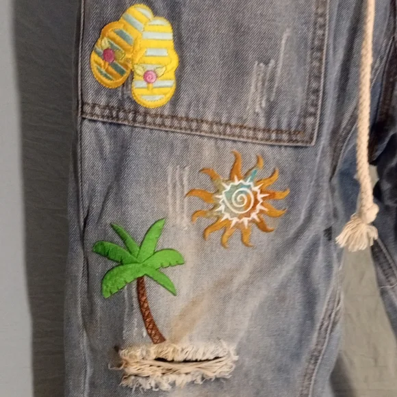 Really Cute Embroidered Patches On Denim Joggers with Drawstring - Picture 4 of 13